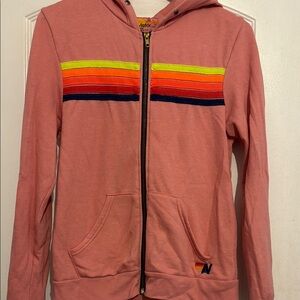 Aviator Nation Pink Hoodie with Rainbow Stripes